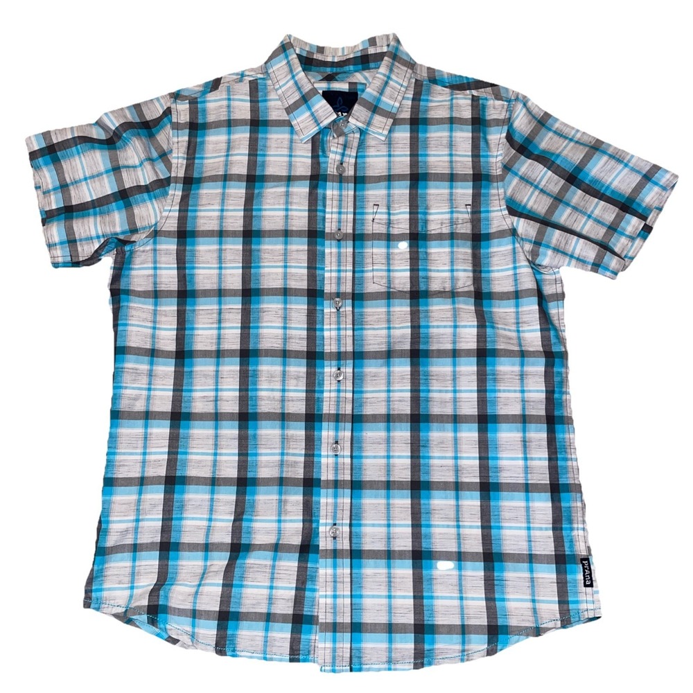 prAna Tamarack Blue Gray‎ Button Up Shirt Mens Medium Plaid Short Sleeve Outdoor